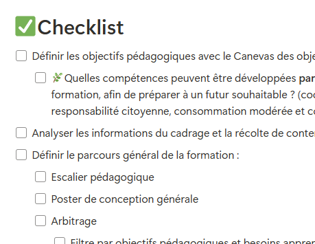 Checklist d'actions pour une étape de la conception de formation